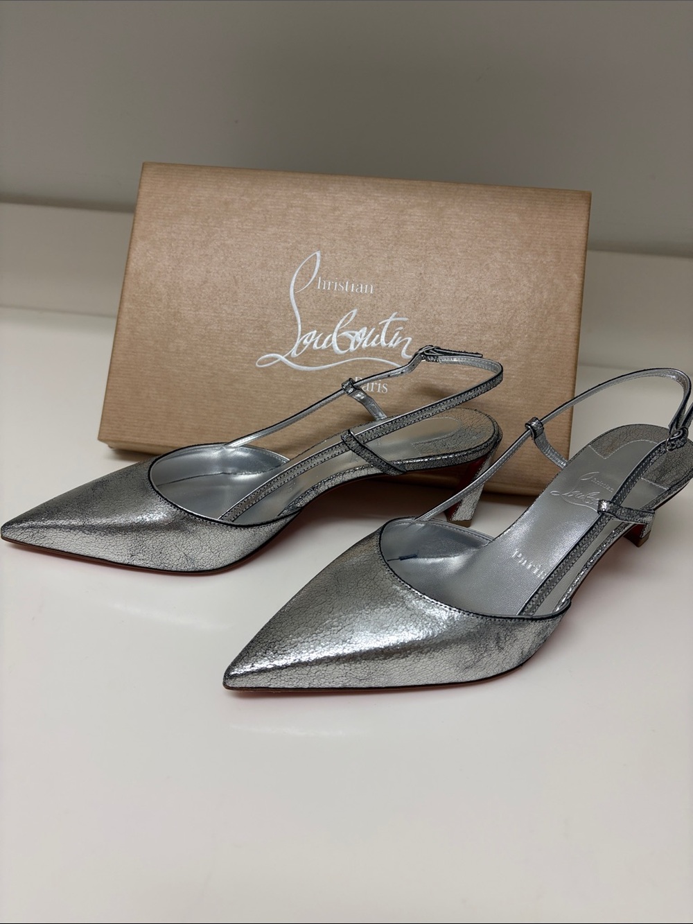 Christian Louboutin Metallic Silver Pointed Slingback Heels